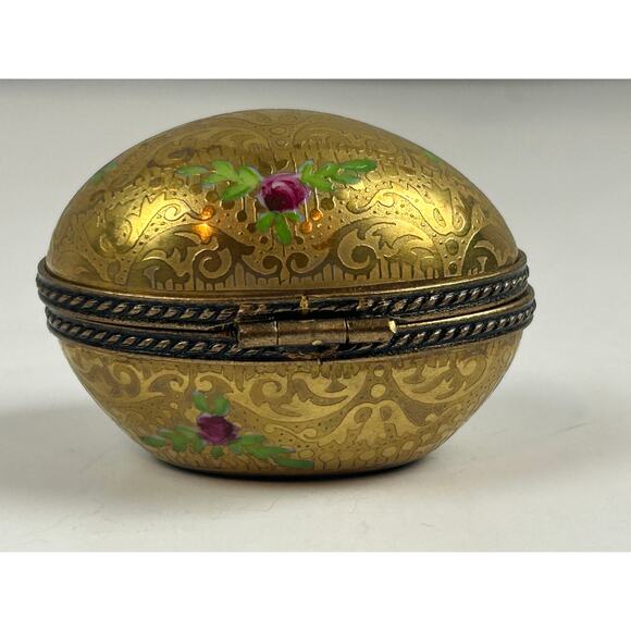 Limoges France Incrustation Trinket Box Hand Painted Roses Raised Gold Oval - Picture 5 of 15